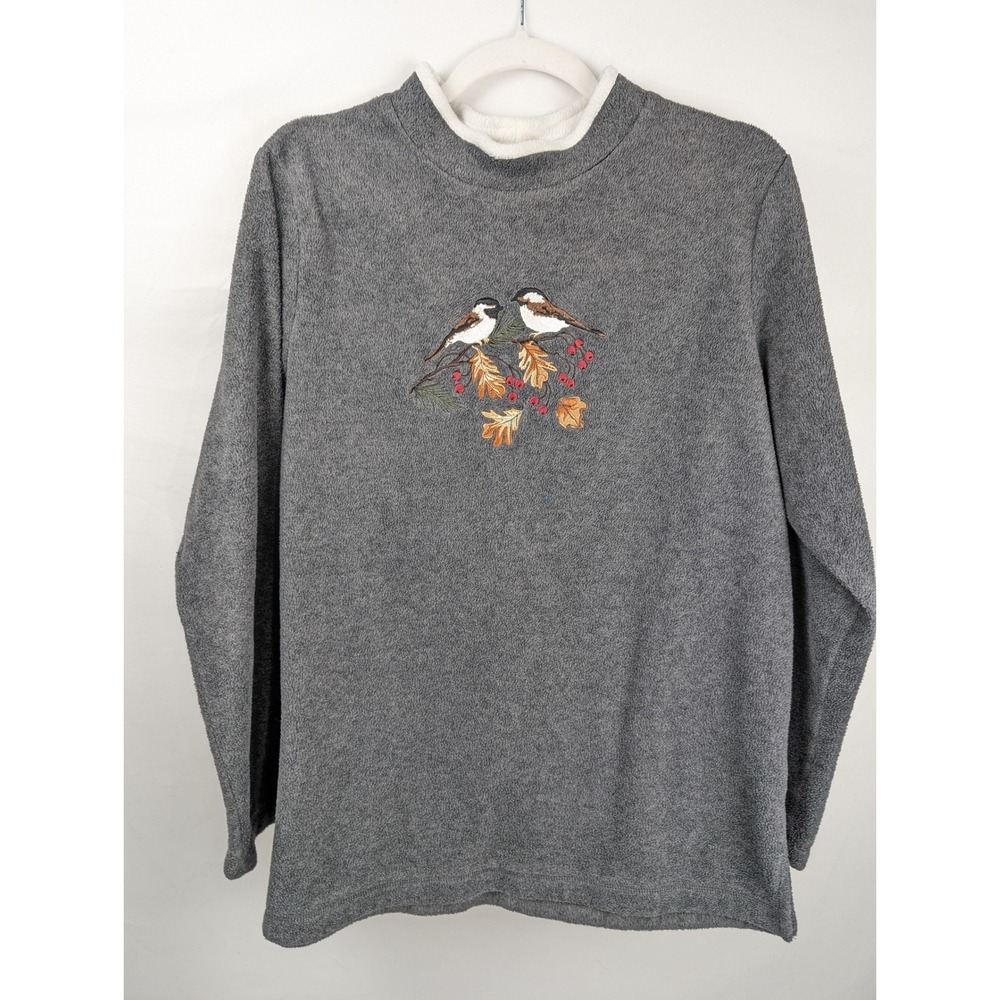 Vintage Embroidered Bird Fleece Sweatshirt Size L Gray Cottagecore Chickadee